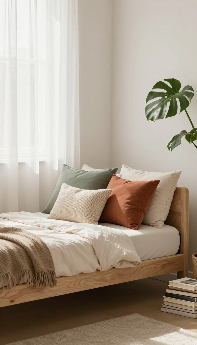 Cozy bedroom corner with a light wood futon styled with a quilt and layered pillows in bright natural light