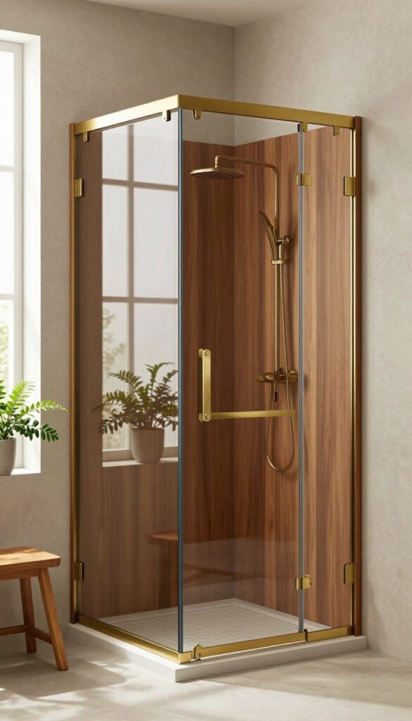 Modern bathroom with a shower screen featuring a warm wood and brushed brass metal frame, set in a bright, plant-filled space.