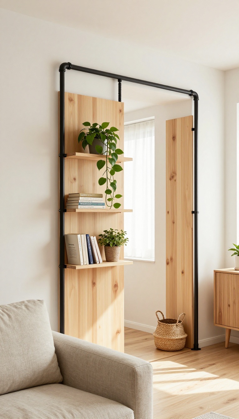 DIY pipe and wood shelving divider holding books and plants in a bright small living room
