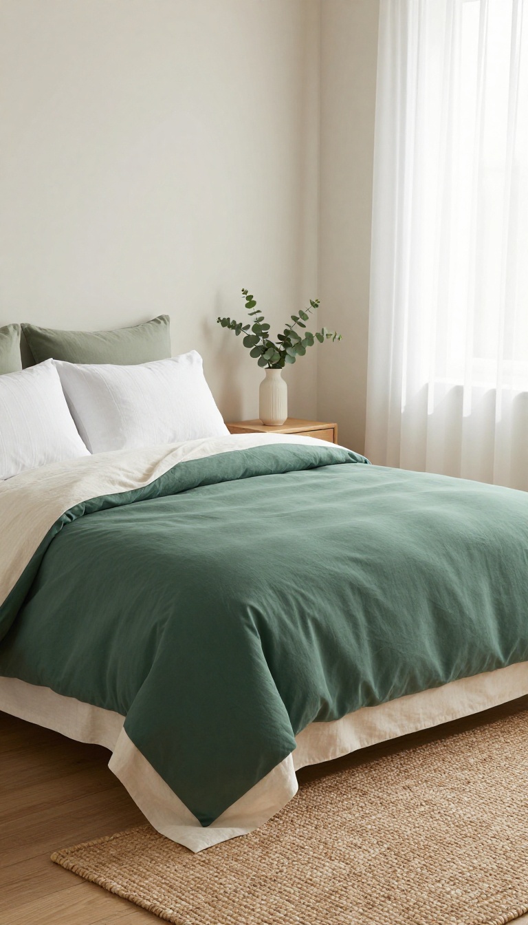 Green comforter bedroom styled with light cream linen throw and white striped pillowcases for a fresh seasonal look