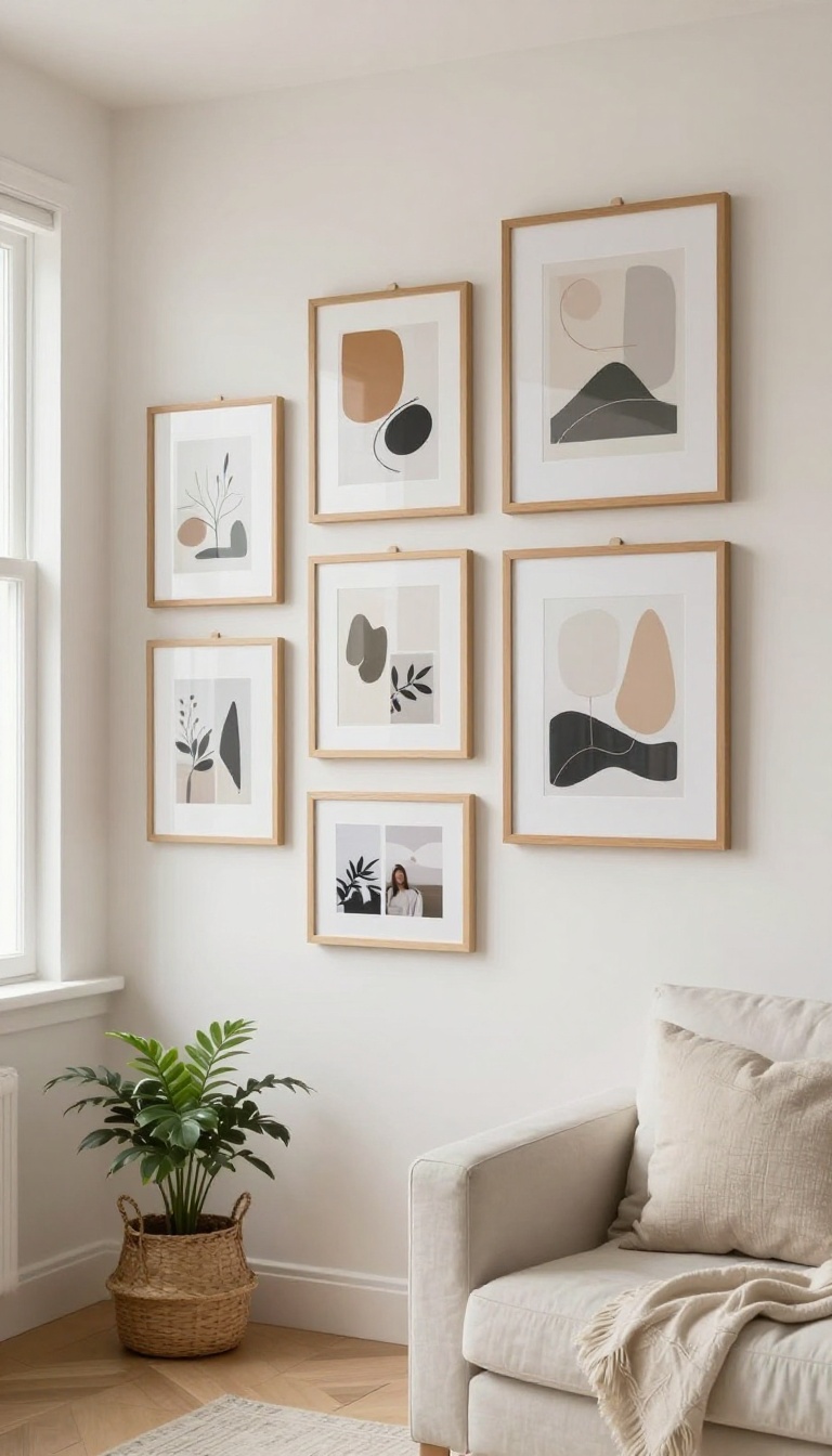 Lightweight framed gallery wall with mixed art prints and photos above a linen sofa in a bright rental living room