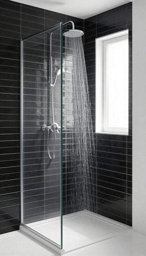 Modern shower with black and white herringbone tile pattern