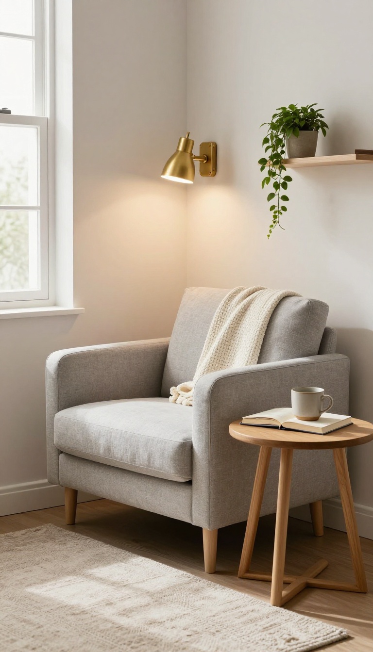 Cozy small living room corner with a compact accent chair, slim side table, and wall sconce styled as a reading nook