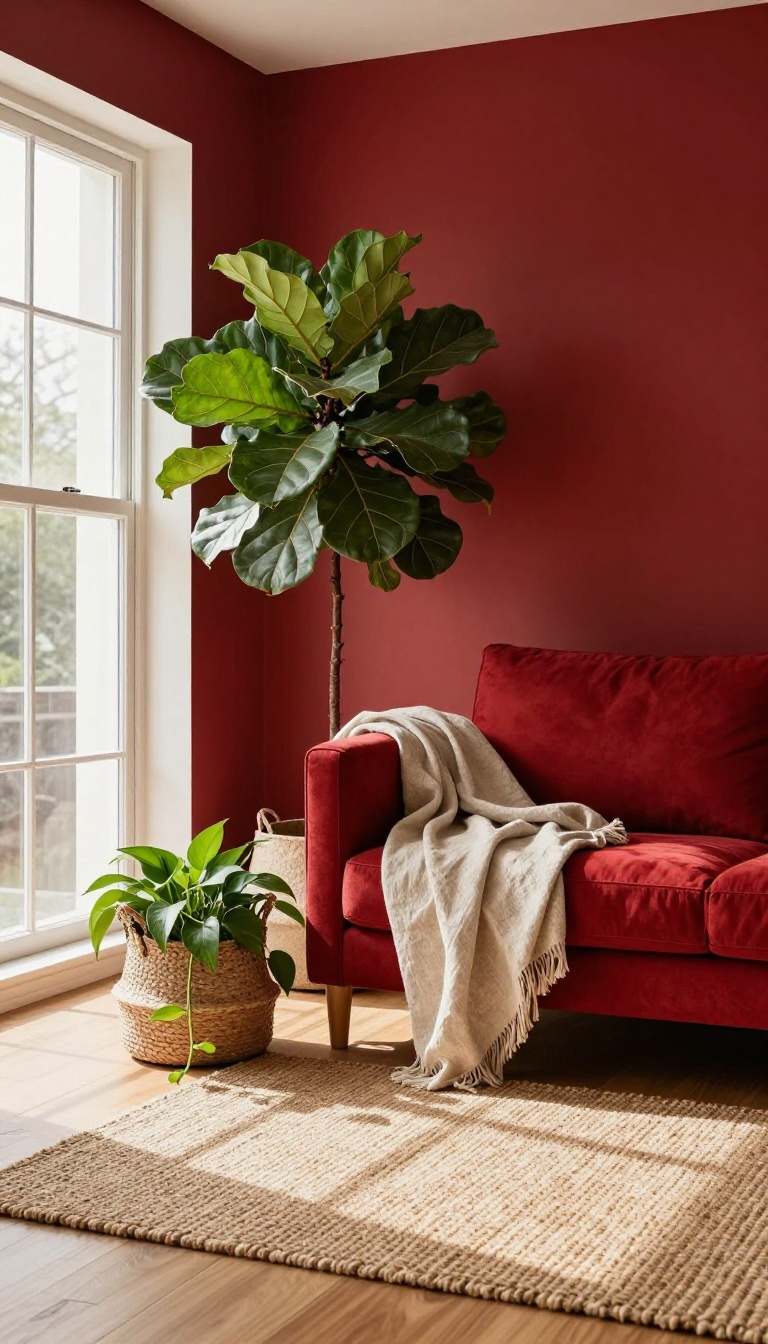 Warm dramatic living room with deep crimson red wall, large fiddle leaf fig, red sofa with linen throw, woven basket, and jute rug in bright natural light