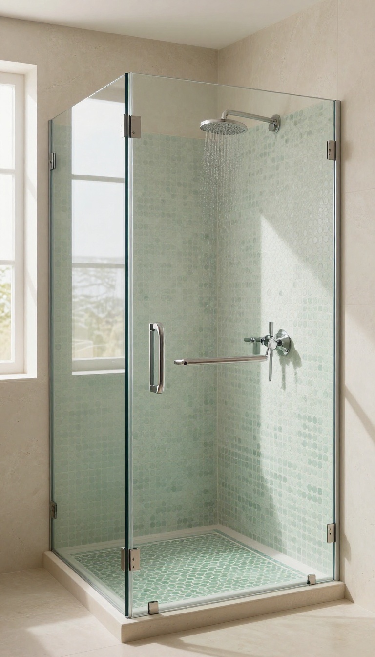 Walk-in shower with a sage green penny tile floor and glass enclosure, bathed in natural light.
