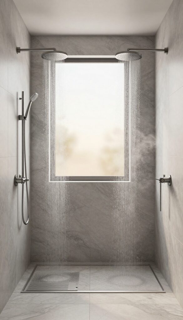 A luxurious modern shower with dual showerheads on opposite walls, creating a spa-like rainfall effect in a bright marble bathroom.