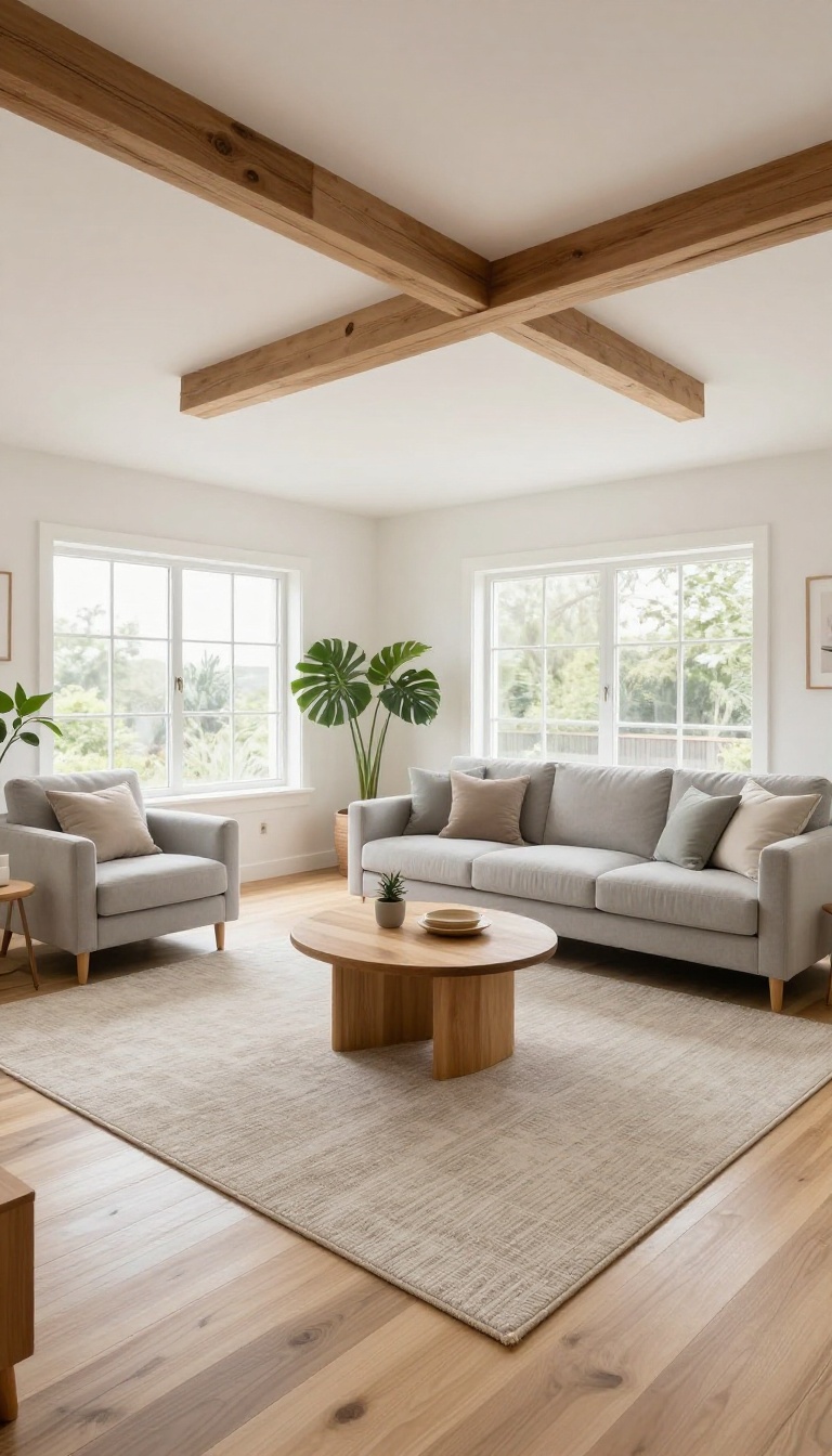 Bright loft upstairs living room with a large area rug grounding a sofa, two chairs, and a coffee table under a sloped ceiling