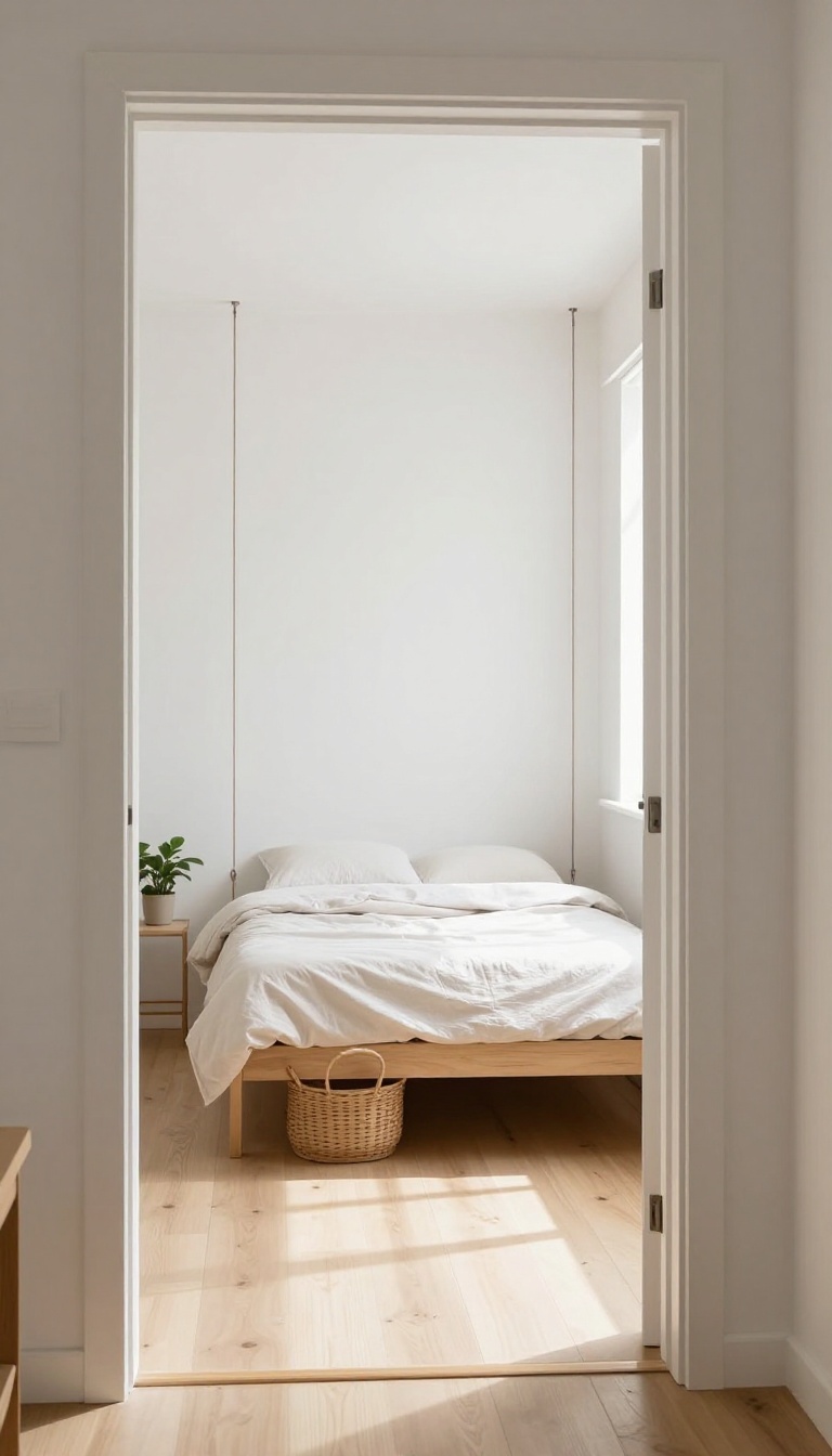 A floating wall-mounted bed in a tiny bright bedroom with open floor space beneath it and woven baskets stored underneath