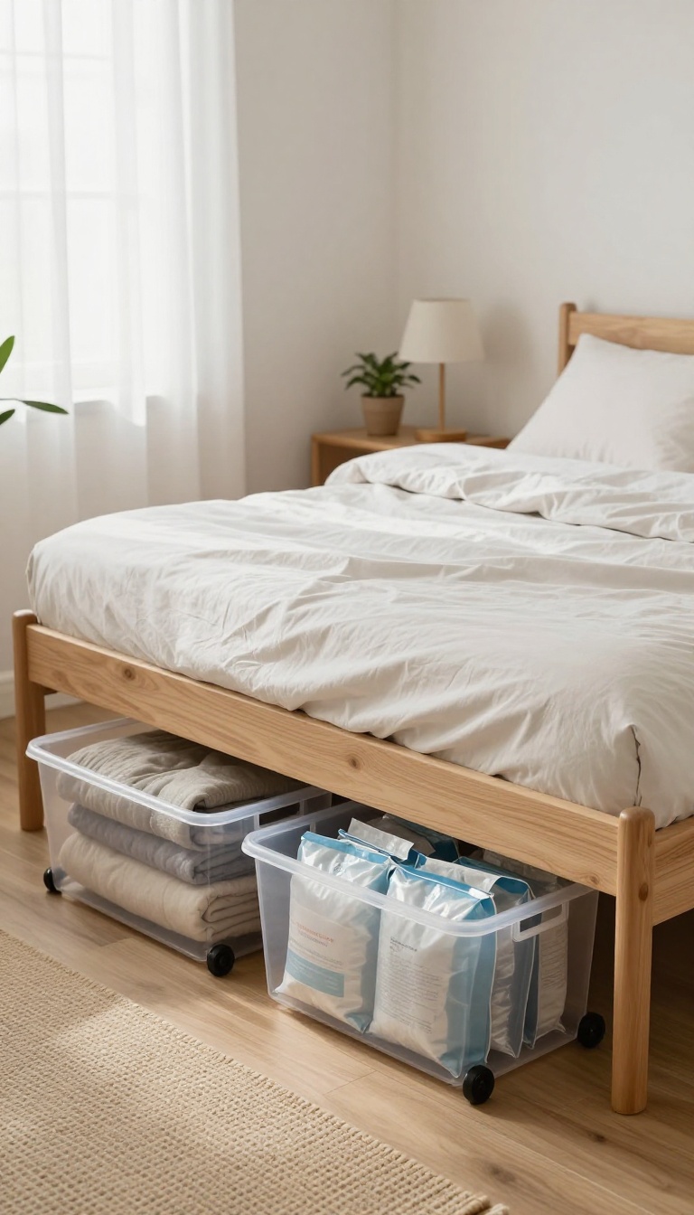 Small spare bedroom with clear rolling storage bins tucked under a neatly made bed in bright natural light