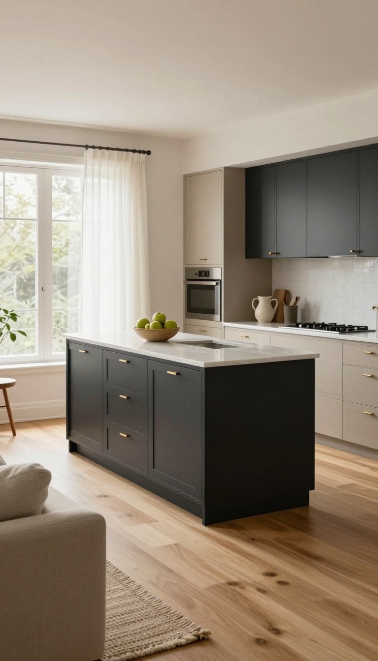 Open-concept kitchen and living room with two-tone cabinets, dark charcoal kitchen cabinetry and lighter warm gray cabinets on the living room side, continuous wood floor and white countertop, bright natural light