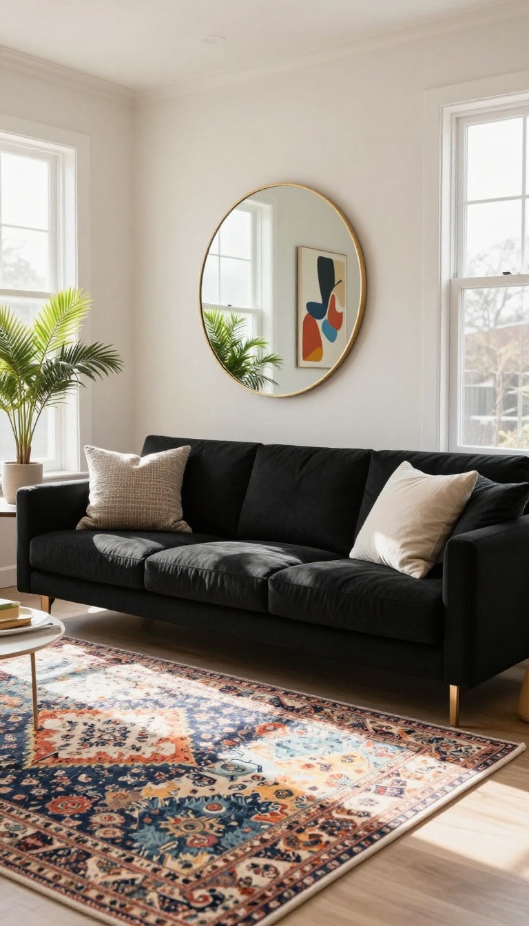 Bright living room with a black couch and a large gold-framed round mirror reflecting sunlight from a nearby window