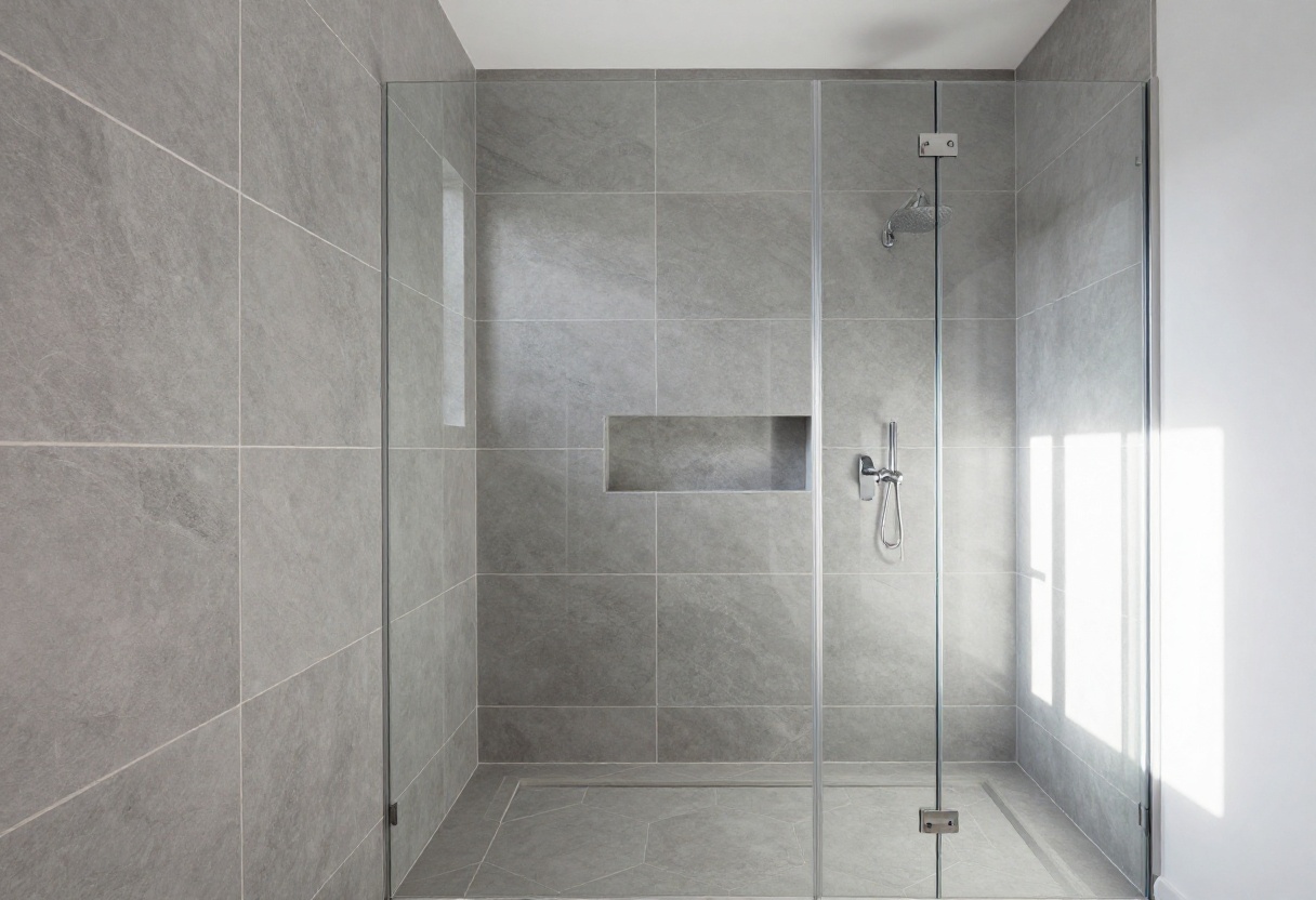 Modern gray tiled shower with large format walls, hexagon floor, and stone niche