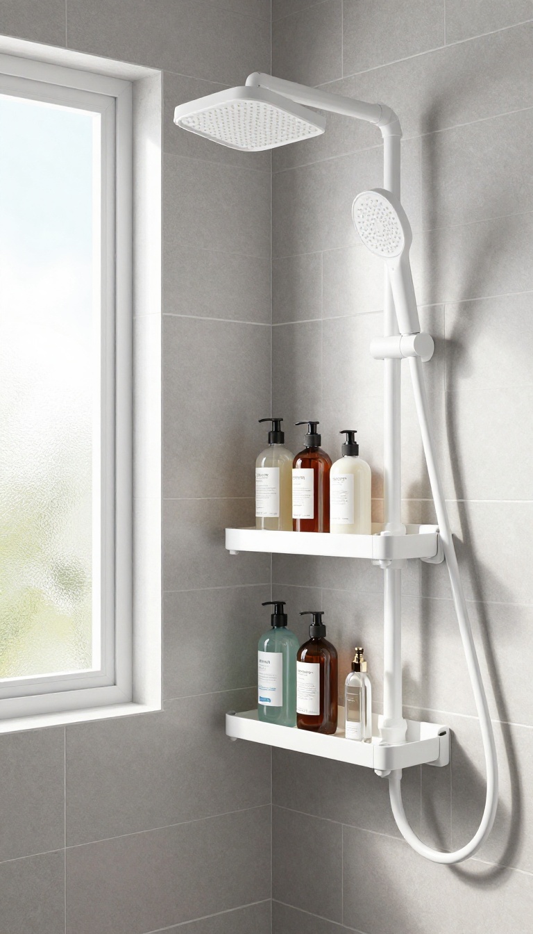 DIY PVC pipe shelf in a shower corner holding shampoo bottles