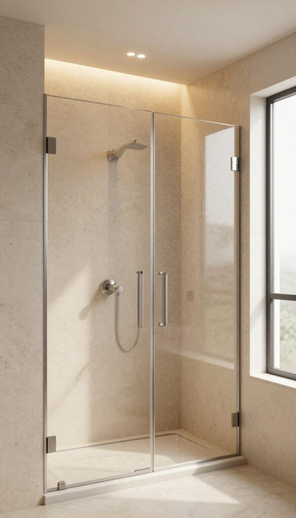 Modern walk-in shower with recessed warm lighting and natural stone tiles