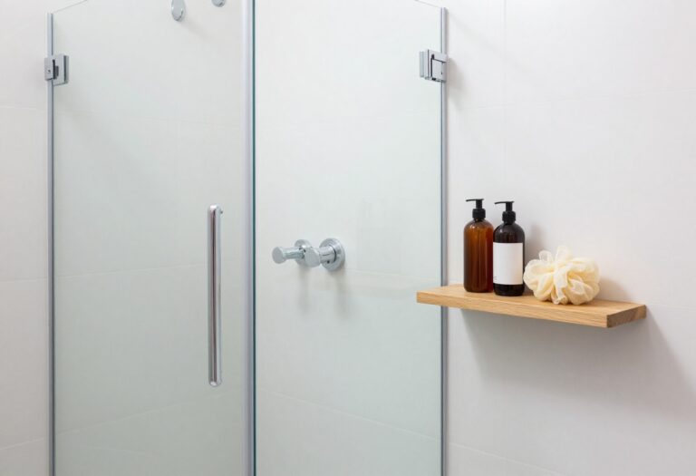 Bright shower with teak corner shelf organizer