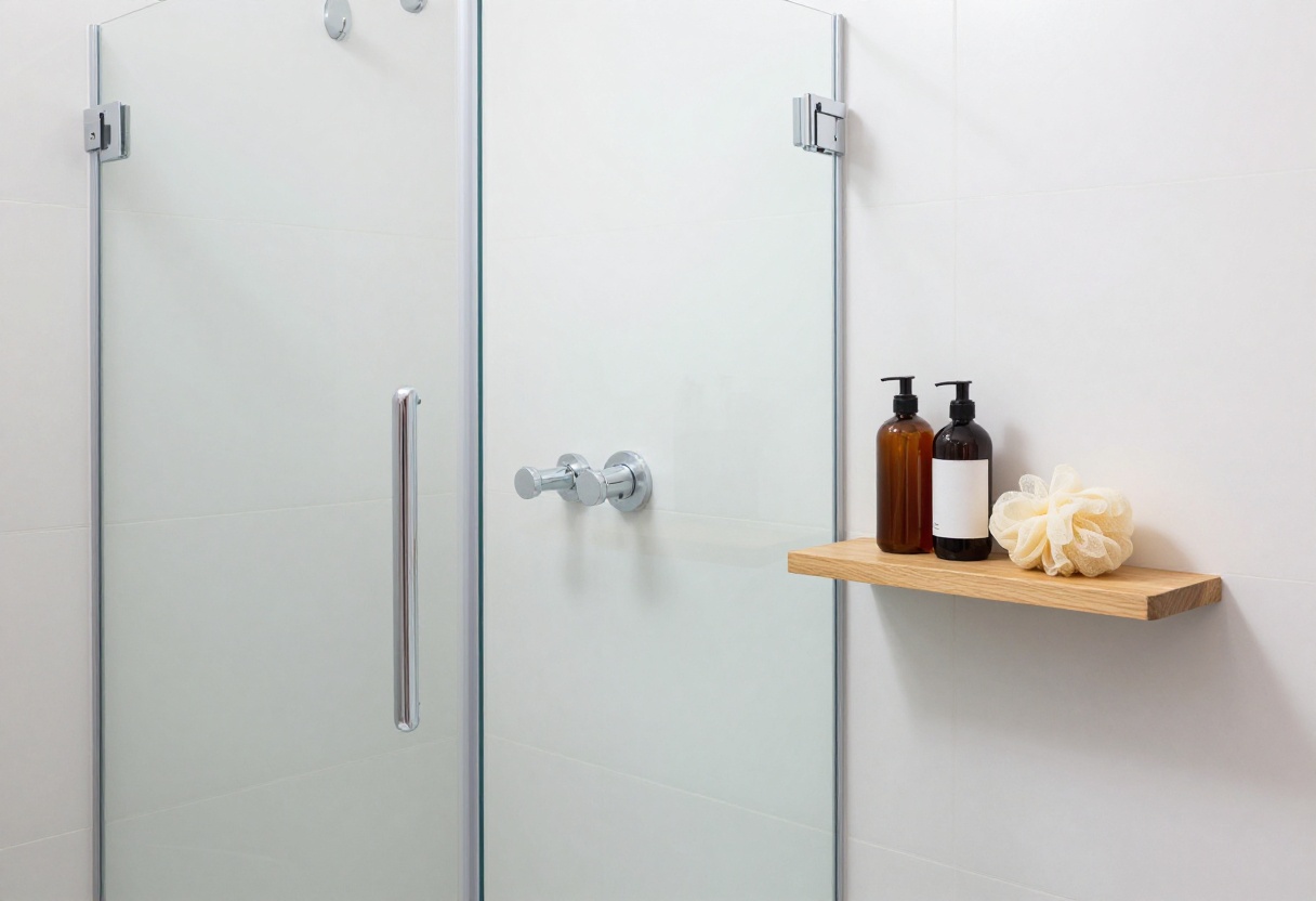 Bright shower with teak corner shelf organizer