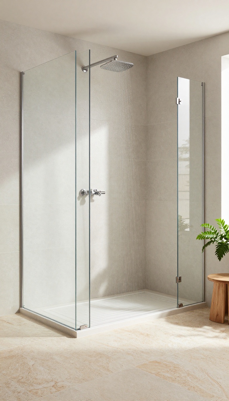 Modern wet room with natural stone tile floor and rainfall shower