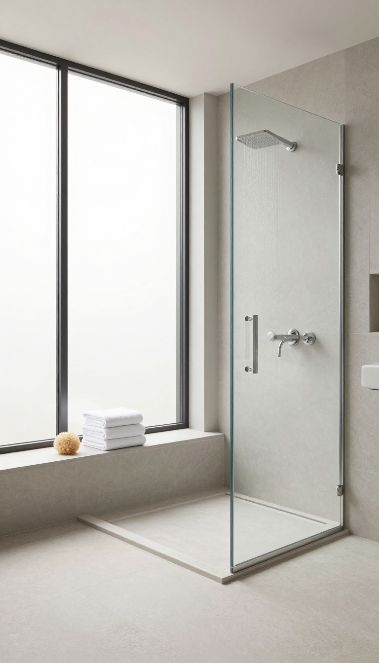 Modern bathroom with a built-in bench extending from the shower threshold, made of light gray stone tile, with towels and a loofah, bright natural light, clean design