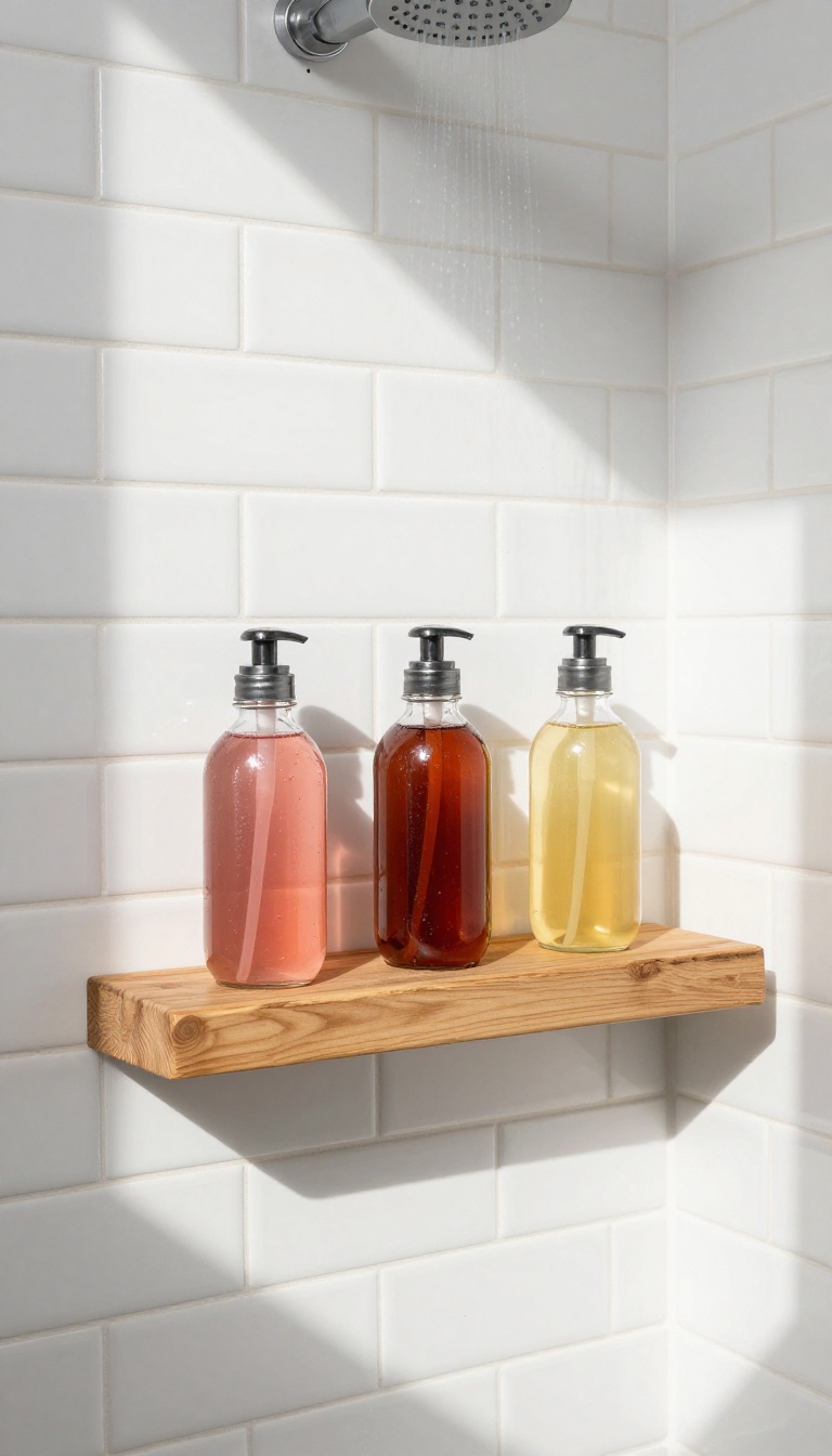 Repurposed mason jar rack mounted on a shower wall holding shampoo bottles