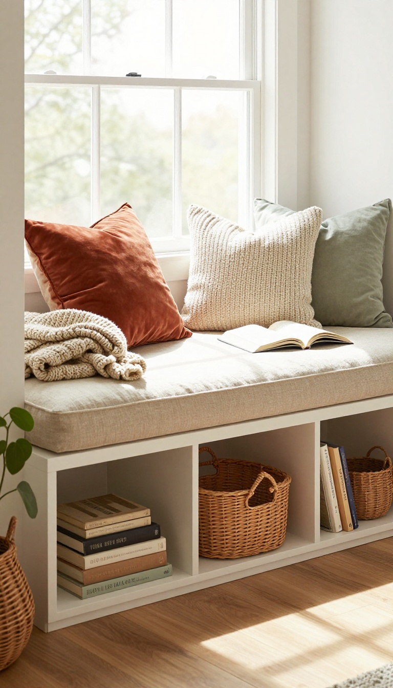 Cozy bedroom window seat with a thick linen cushion, layered throw pillows, and woven storage baskets beneath, bathed in bright natural light