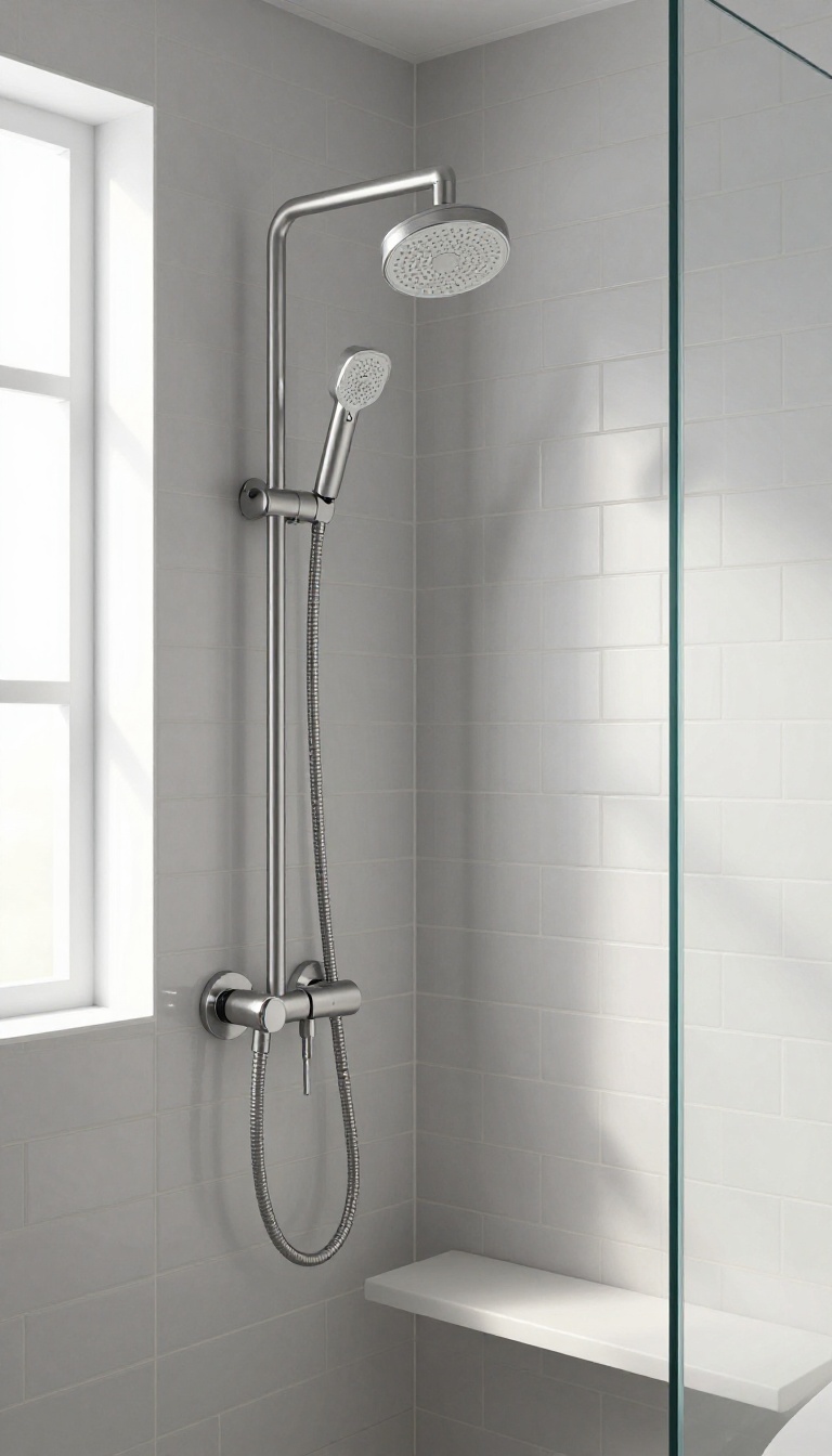 Handheld shower head on a slide bar in a small modern shower