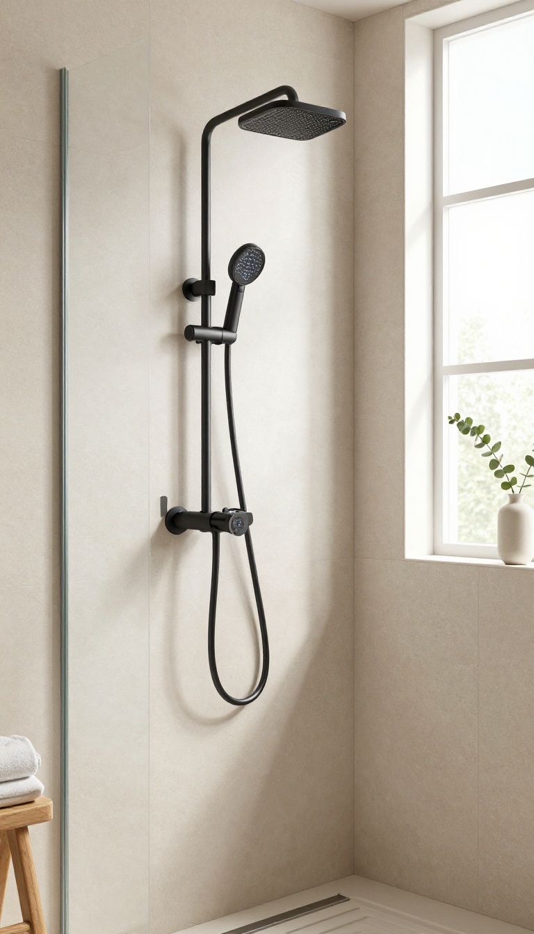 Modern quadrant shower room with a digital shower valve control panel on a stone tile wall and a curved glass enclosure in bright natural light