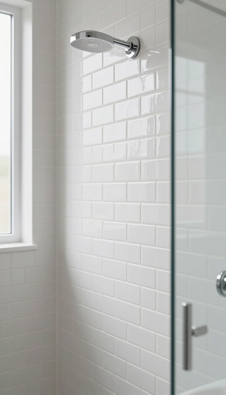 Close-up of a bright shower wall with small white subway mosaic tiles in a running bond pattern and a chrome fixture