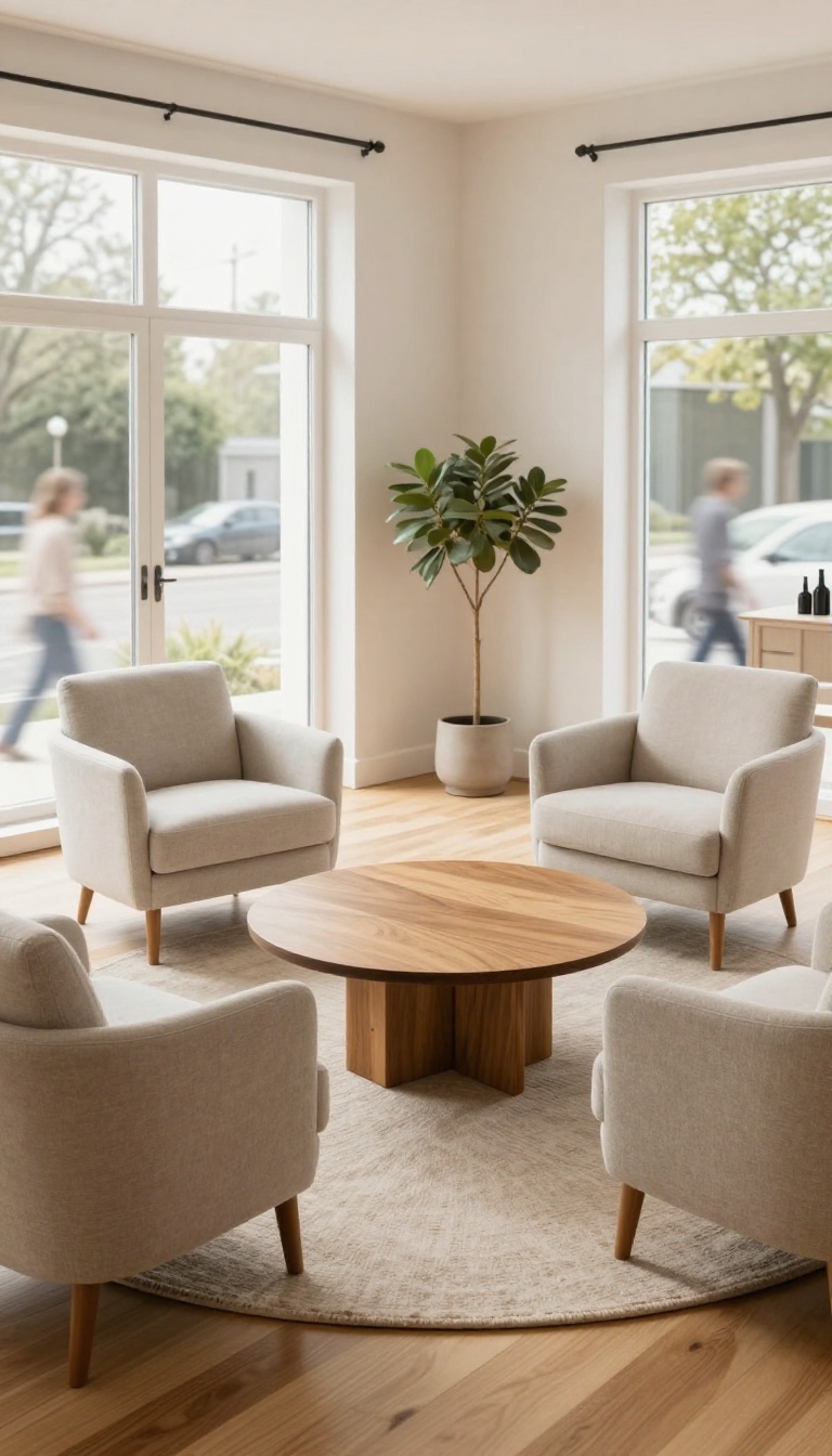 Four armchairs arranged in a tight conversation circle around a round coffee table in a bright open-plan living room corner