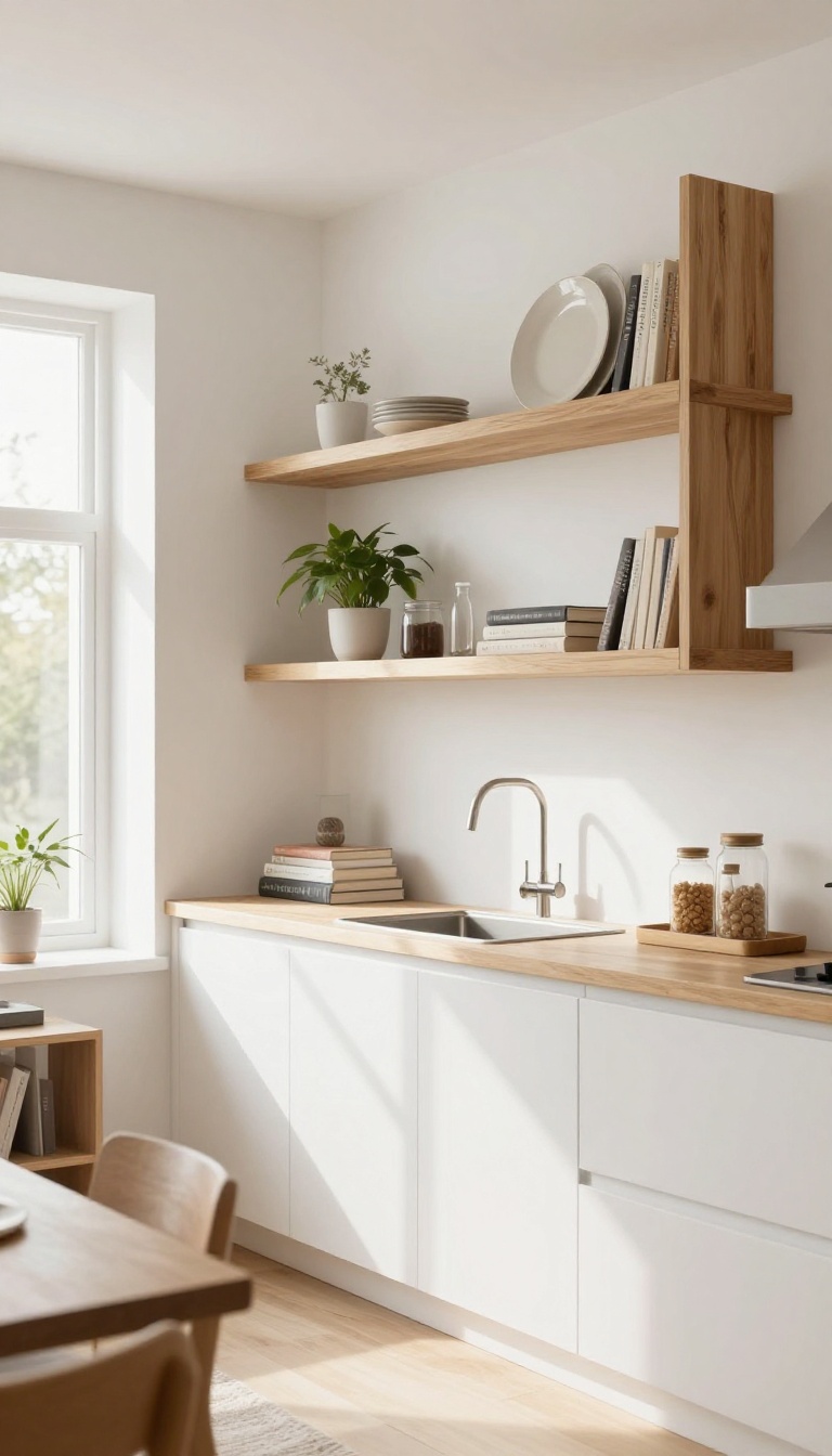 Open kitchen with wood floating shelves styled with dishes and plants, flowing into a bright living room