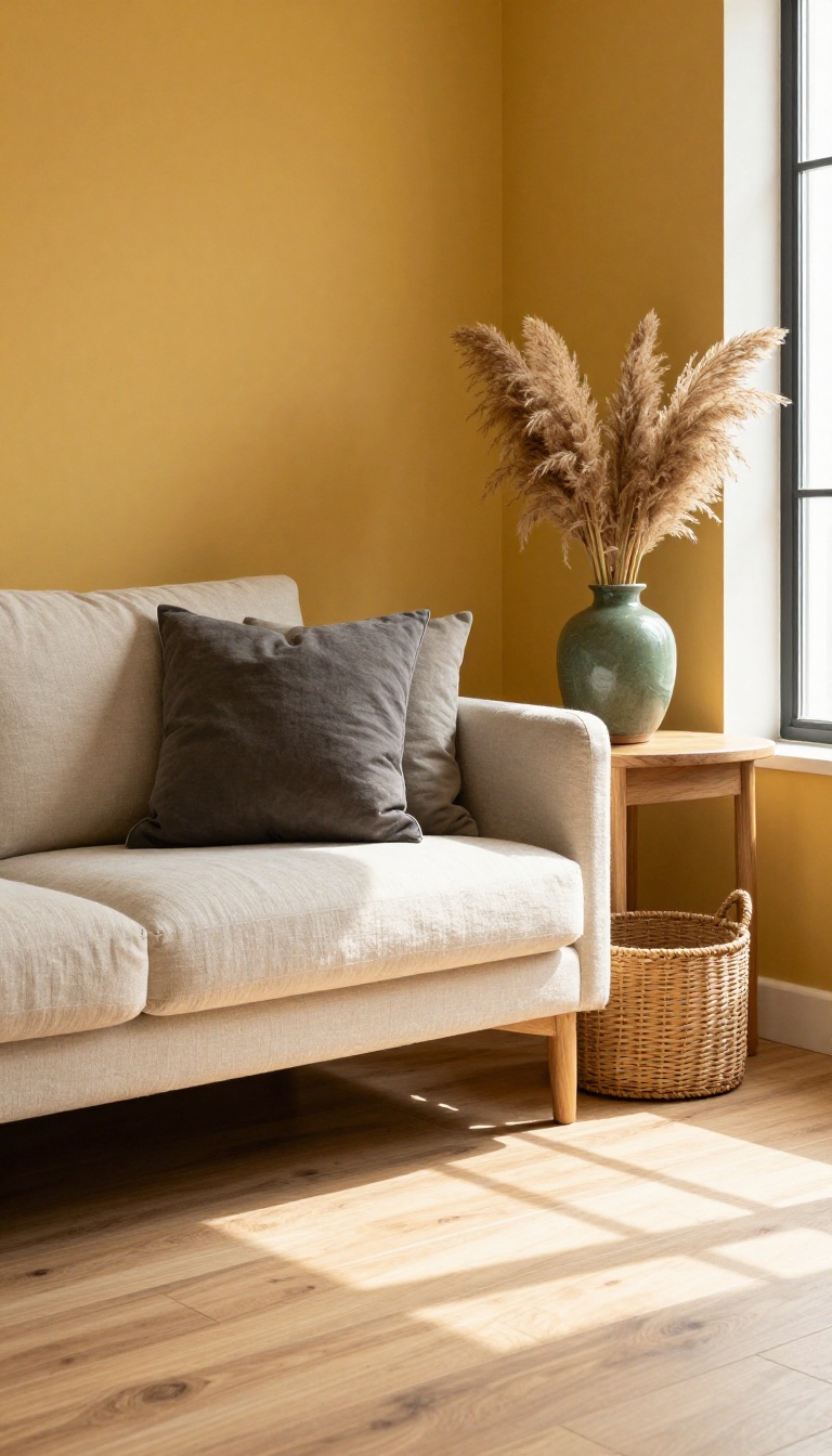 Cozy living room with a muted mustard yellow accent wall, cream sofa, natural wood furniture, and warm afternoon light