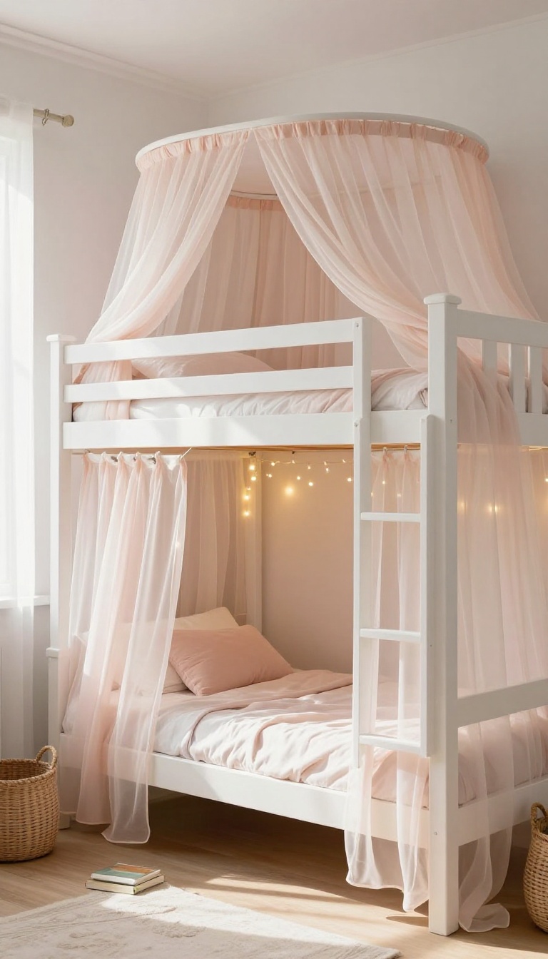 Girls bunkbed bedroom with sheer privacy curtains around the lower bunk and a soft canopy over the top bunk in a bright pastel room