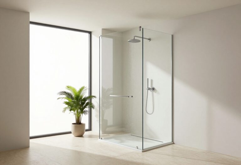 Modern quadrant shower room with frameless glass enclosure and rainfall shower head