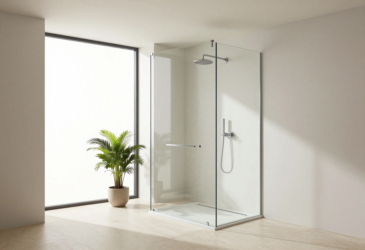 Modern quadrant shower room with frameless glass enclosure and rainfall shower head