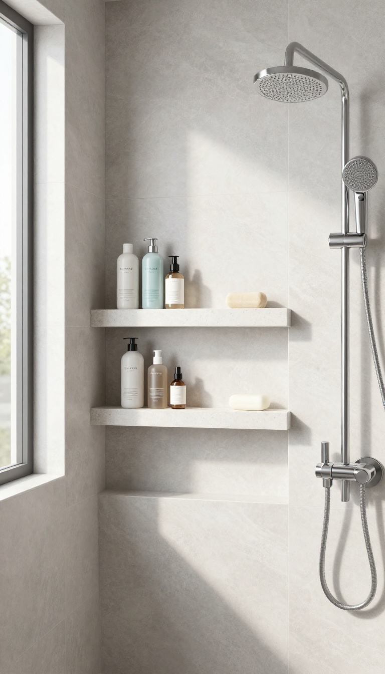 Bright modern shower with a wide horizontal tiled niche split by a quartz middle shelf, holding tall shampoo bottles below and smaller toiletries above