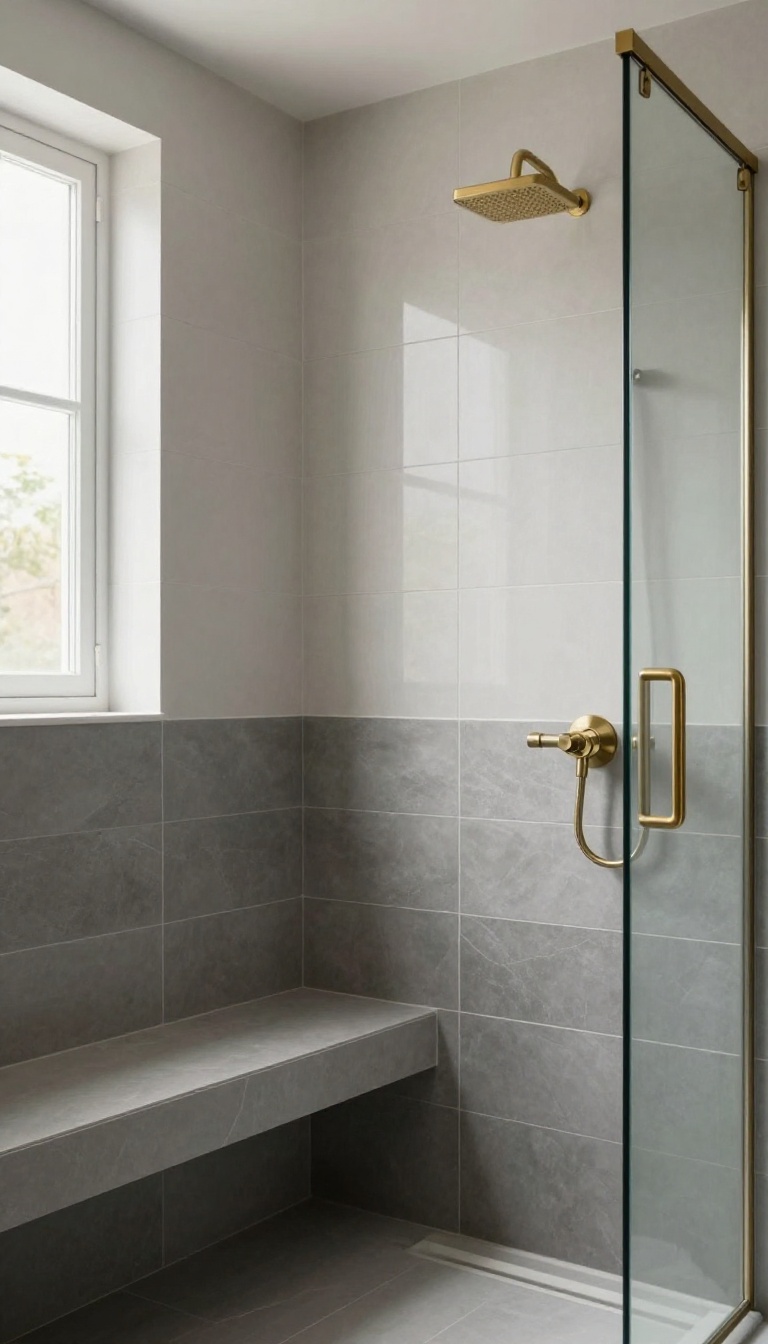 Modern shower with a two-tone split tile wall, dark charcoal tiles below and light gray tiles above, divided by a thin metal trim at waist height