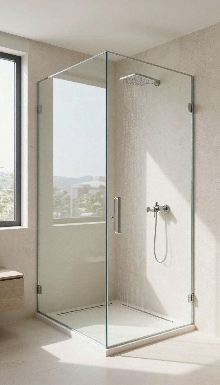 Modern walk-in shower with a single glass screen in a bright, open master bathroom
