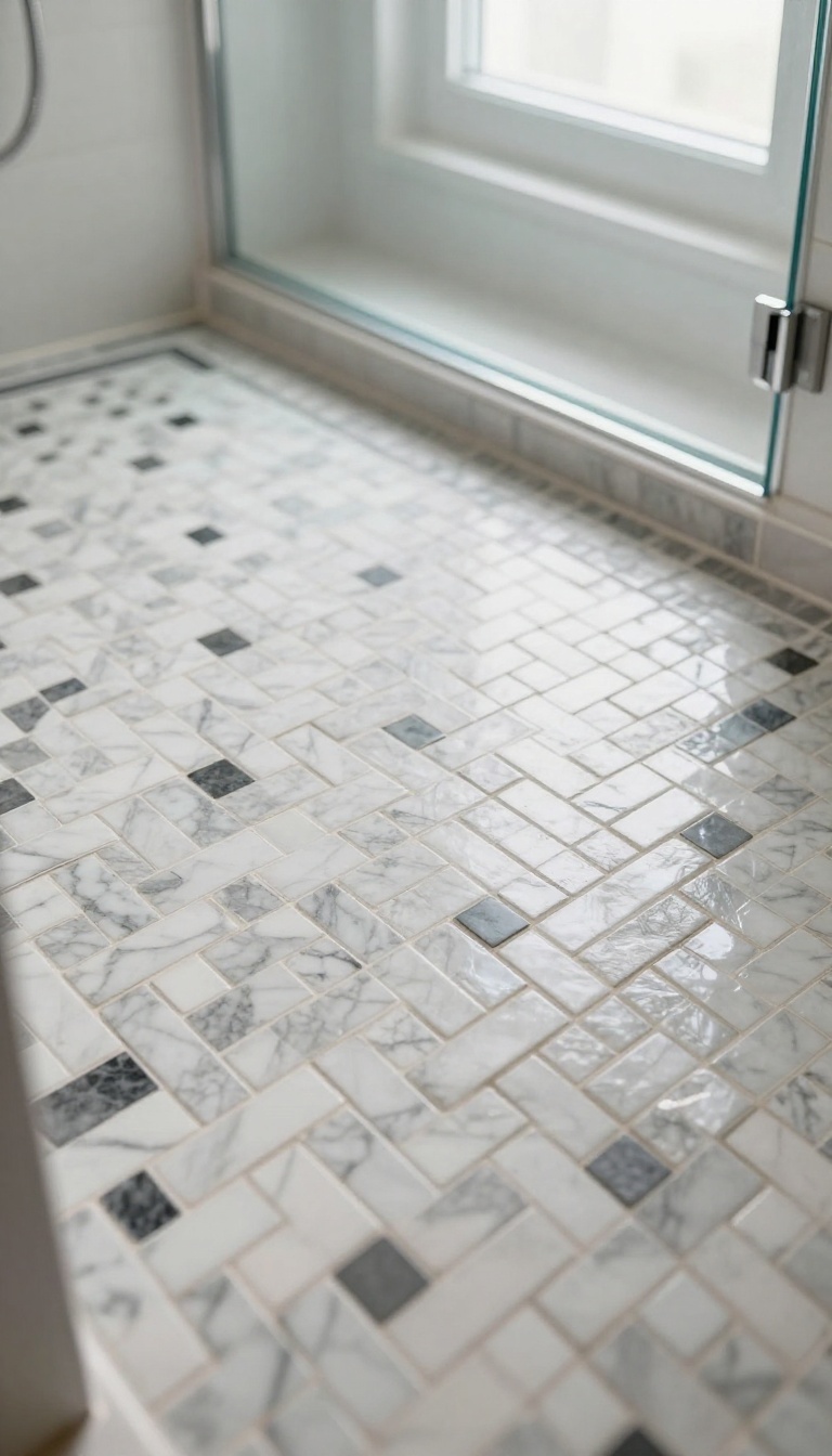 Classic basketweave tile shower floor in white marble with dark gray accents, bright natural light, photorealistic bathroom inspiration