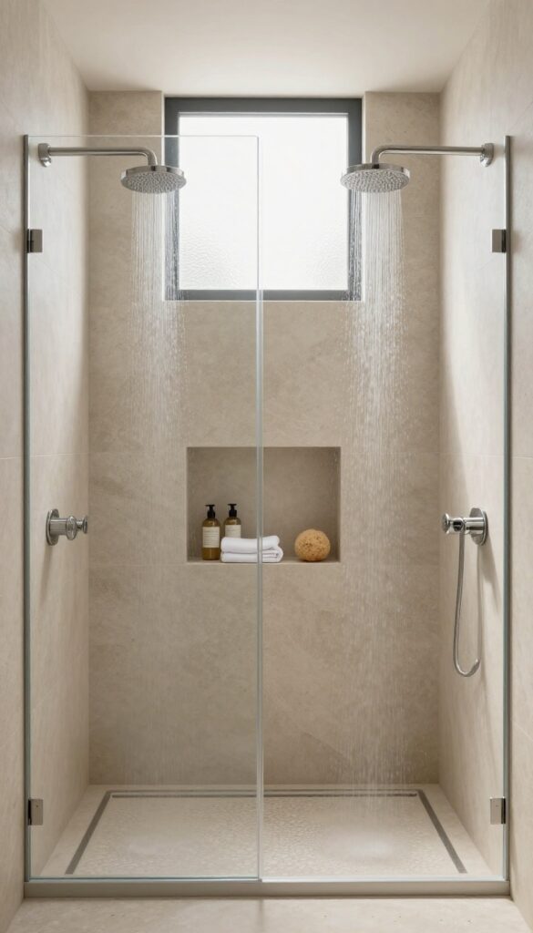 Modern double shower with a recessed niche holding toiletries, creating streamlined storage in a bright, elegant bathroom.