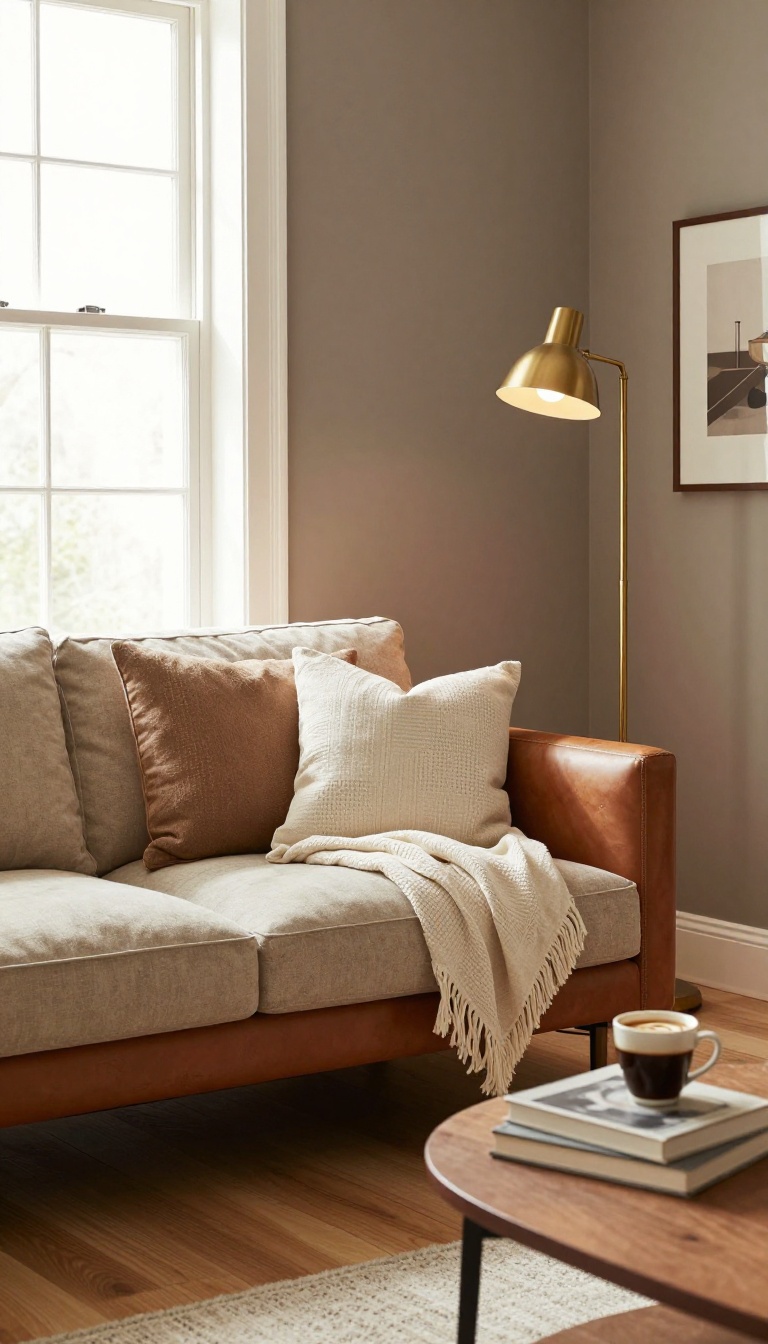 Cozy living room with warm taupe walls, leather armchair, linen sofa, and bright natural light