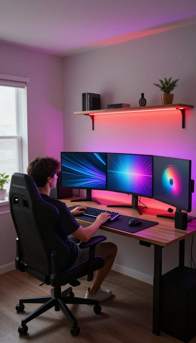 Bedroom gaming and streaming desk setup with colorful LED light strips synced behind the monitor and shelves