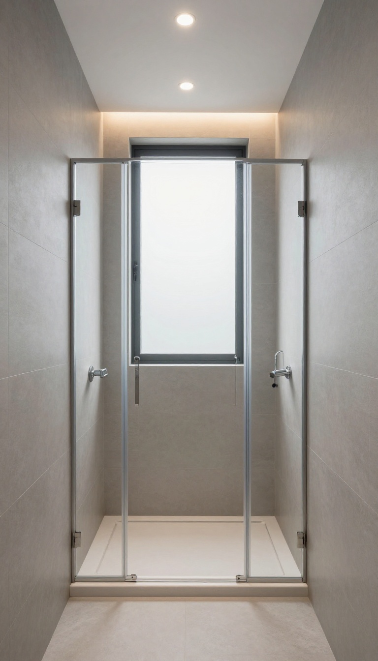 Small standing shower with layered lighting and frosted window to enhance brightness