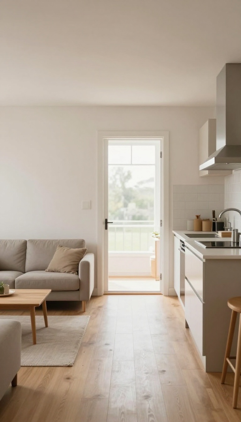 Bright small living room and kitchen with a wide clear walkway between the sofa, entry door, and kitchen counter