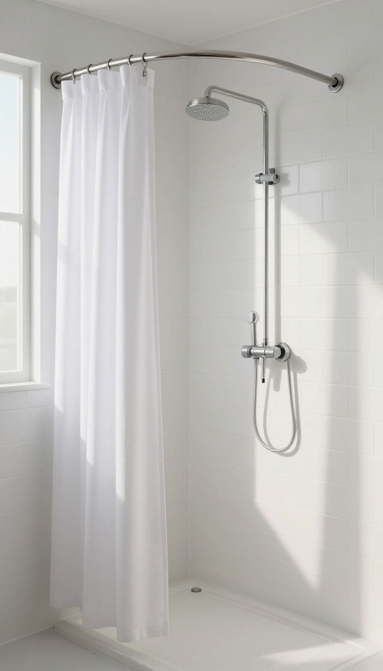 Small bathroom shower with curved shower rod and white curtain, demonstrating extra elbow room
