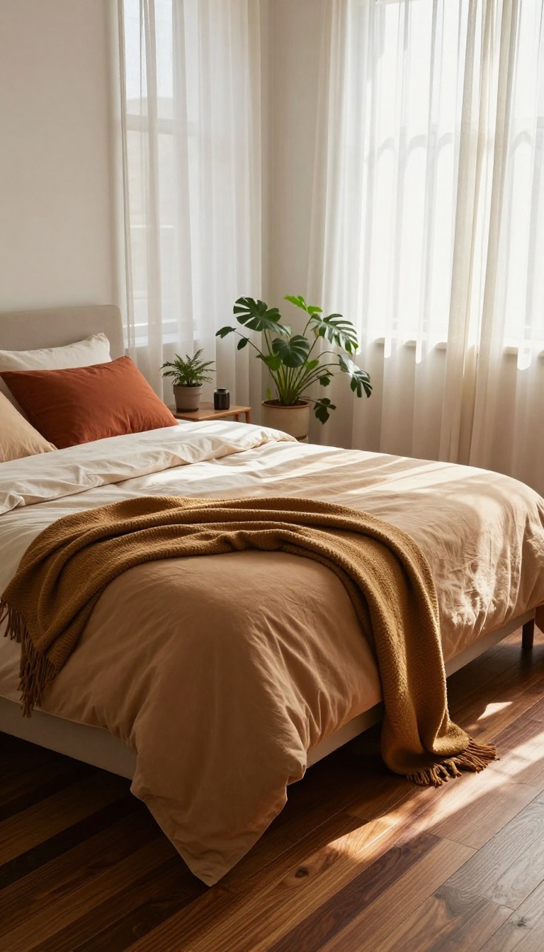 Cozy bedroom with dark wood floors and a bed dressed in warm earthy rust, mustard, and terracotta bedding in bright natural light