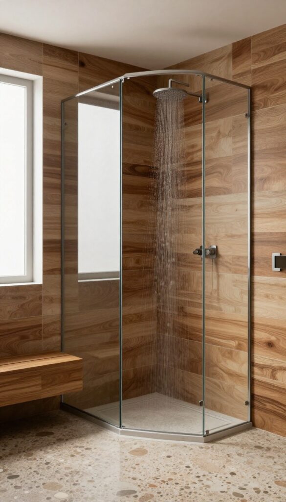 Warm wood-look tile walk-in shower with pebble floor and natural light