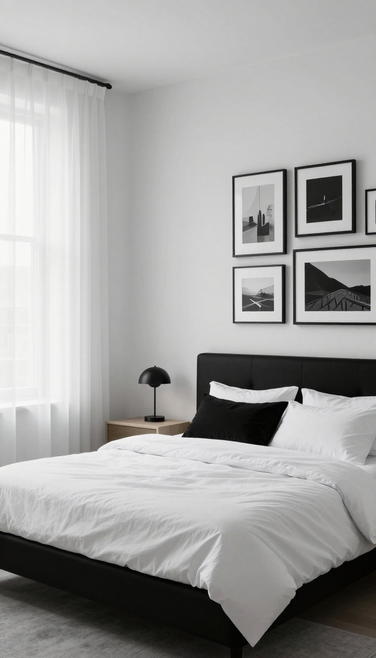 Black and white minimalist bedroom with a gallery wall of framed black and white photos above a bed with white bedding and a black headboard.