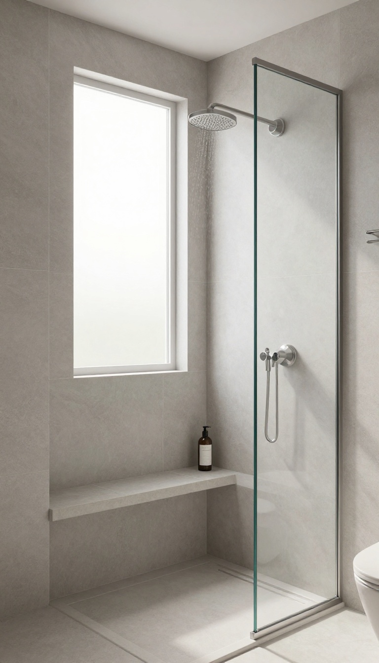 Modern walk-in shower with a built-in corner bench, designed for comfort and convenience.