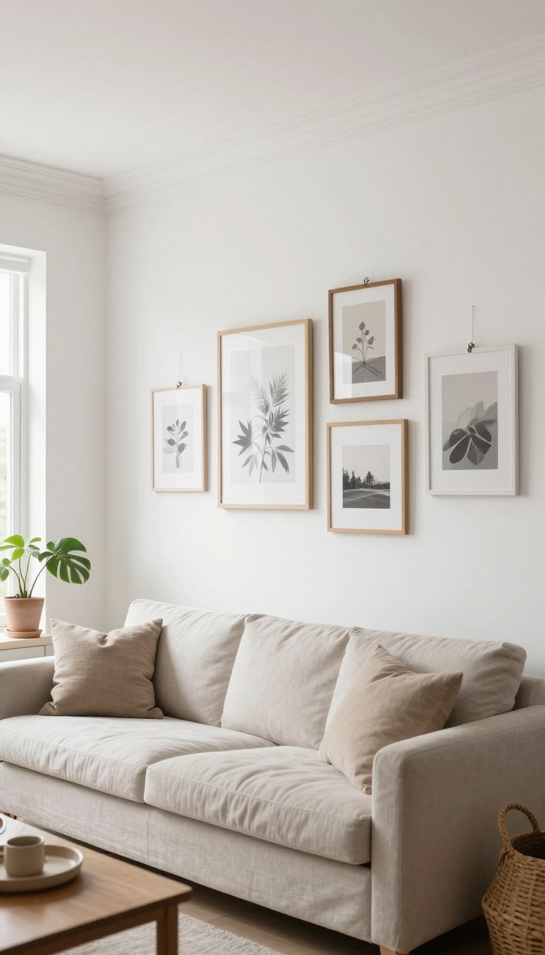 Living room with white crown molding used as a picture rail, framed art hanging from hooks and wire above a neutral sofa in bright natural light