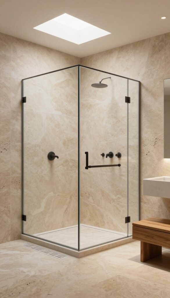 Luxurious walk-in shower with natural stone walls, glass door, and wooden bench in bright, spa-like setting.