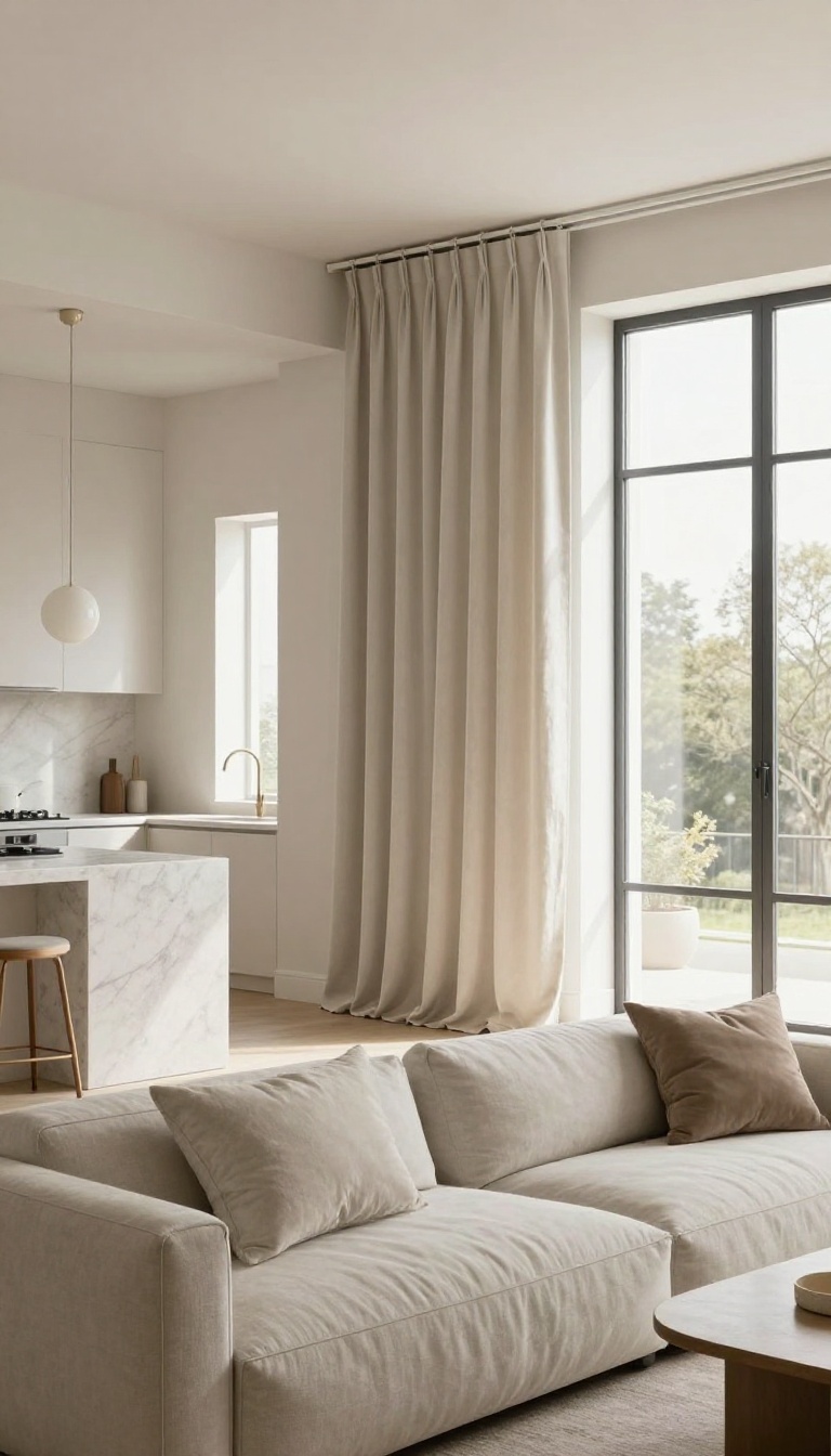 Open-plan living room and kitchen divided by a ceiling-mounted heavyweight curtain for flexible privacy